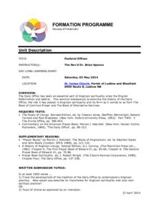FORMATION PROGRAMME Diocese of Fredericton Unit Description TITLE: