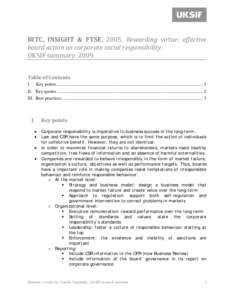 BITC, INSIGHT & FTSE, 2005. Rewarding virtue: effective board action on corporate social responsibility. UKSIF summary, 2009. Table of Contents I.