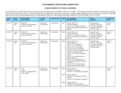 GOVERNMENT OPERATIONS COMMITTEES ANNOUNCEMENT OF PUBLIC HEARINGS For the date, time, and location of this hearing of the Joint Operations committees, call[removed]The following rules were filed in the Secretary of 