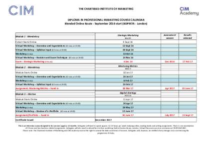 THE CHARTERED INSTITUTE OF MARKETING  DIPLOMA IN PROFESSIONAL MARKETING COURSE CALENDAR Blended Online Route - September 2016 start (BDPM7A - London)  Strategic Marketing