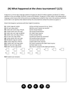 (N) What happened at the chess tournament? (1/1) Hungarian is a Finno-Ugric language spoken in Hungary by about 10 million speakers and about 2.5 million speakers in the surrounding countries, as well as the diaspora. Hu