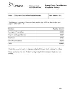 Ministry of Health and Long-Term Care Long-Term Care Homes Financial Policy