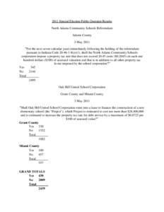 2011 Special Election Public Question Results North Adams Community Schools Referendum Adams County 3 May 2011 “For the next seven calendar years immediately following the holding of the referendum pursuant to Indiana 