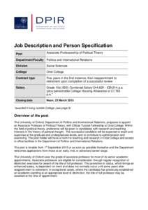 Job Description and Person Specification Post Associate Professorship of Political Theory  Department/Faculty Politics and International Relations