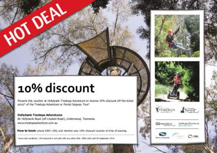 10% discount Present this voucher at Hollybank Treetops Adventure to receive 10% discount off the ticket price* of the Treetops Adventure or Forest Segway Tour! Hollybank Treetops Adventures 66 Hollybank Road (off Lilyda