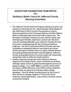 EDUCATION FOUNDATION TEAM NOTES For Building a Better Future for Jefferson County Steering Committee  The Jefferson County Achieves Program continues to grow and expand at a phenomenal rate. Approximately 180 graduate