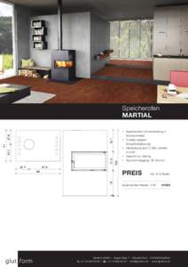 Speicherofen MARTIAL •	 Speicherofen mit Verkleidung in Schwarzmetall •	 2-seitig verglast (Doppelverglasung)