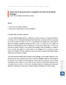 Roberto Vivero Rodríguez y Alba Ramírez Guijarro | Traducción de las notas sobre La metafísica de Nietzsche de Martin Heidegger  Traducción  de  las  notas  sobre  La  metafísica  de  Nietzsche  de  Marti