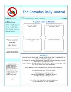 The Ramadan Daily Journal Ramadan 2, ______ In This Issue • What I Had for Suhoor • What I Had for Iftar