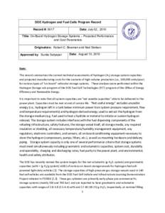 DOE Hydrogen and Fuel Cells Program Record 9017: On-Board Hydrogen Storage Systems – Projected Performance and Cost Parameters