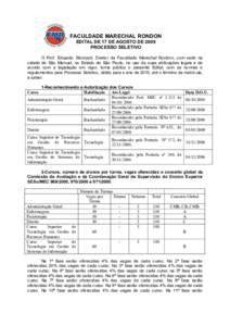 FACULDADE MARECHAL RONDON EDITAL DE 17 DE AGOSTO DE 2009 PROCESSO SELETIVO O Prof. Eduardo Storópoli, Diretor da Faculdade Marechal Rondon, com sede na cidade de São Manuel, no Estado de São Paulo, no uso de suas atri