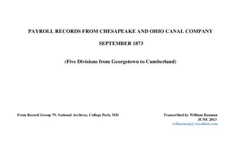 PAYROLL RECORDS FROM CHESAPEAKE AND OHIO CANAL COMPANY SEPTEMBERFive Divisions from Georgetown to Cumberland)  From Record Group 79, National Archives, College Park, MD