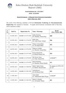 Baba Ghulam Shah Badshah University Rajouri (J&K) Result Notification No. 472 of 2014 Dated: [removed]Result of Semester – II (Regular) End-of-Semester Examination