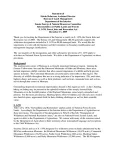 Statement of Edwin Roberson, Assistant Director Bureau of Land Management Department of the Interior Senate Energy & Natural Resources Committee Subcommittee on Public Lands and Forests