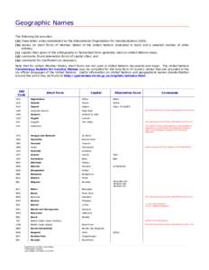 Geographic Names The following list provides: (a) three-letter codes established by the International Organization for Standardization (ISO); (b) names (in short form) of Member States of the United Nations (indicated in