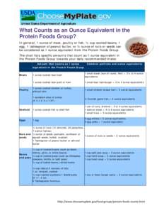 What Counts as an Ounce Equivalent in the Protein Foods Group? In general, 1 ounce of meat, poultry or fish, ¼ cup cooked beans, 1 egg, 1 tablespoon of peanut butter, or ½ ounce of nuts or seeds can be considered as 1 