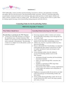 Attachment 2 VENA philosophy connects nutrition and breastfeeding assessment to effective and appropriate counseling and support that best meet the needs of the breastfeeding mother and infant. Effective counseling appro