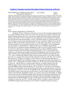 Southern Campaign American Revolution Pension Statements & Rosters Pension application of William Langley R6147 Transcribed by Will Graves Lucy Langley