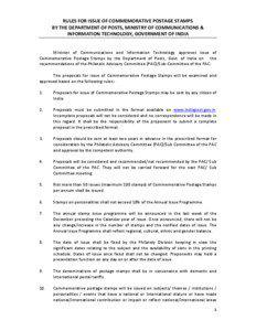 RULES FOR ISSUE OF COMMEMORATIVE POSTAGE STAMPS BY THE DEPARTMENT OF POSTS, MINISTRY OF COMMUNICATIONS & INFORMATION TECHNOLOGY, GOVERNMENT OF INDIA