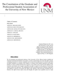 The Constitution of the Graduate and Professional Student Association of the University of New Mexico Table of Contents: PREAMBLE