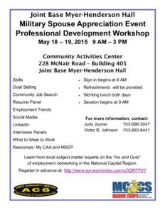 Joint Base Myer-Henderson Hall  Military Spouse Appreciation Event Professional Development Workshop May 18 – 19, AM – 3 PM Community Activities Center