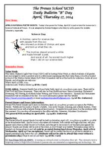 The Preuss School UCSD Daily Bulletin “B” Day April, Thursday 17, 2014 New Items: