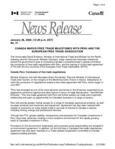 Page 1 of 6  January 26, :20 p.m. EST) No. 21 CANADA MARKS FREE TRADE MILESTONES WITH PERU AND THE EUROPEAN FREE TRADE ASSOCIATION