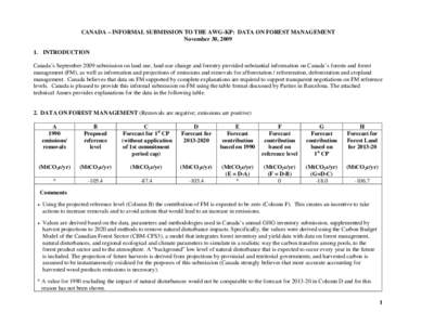 CANADA – INFORMAL SUBMISSION TO THE AWG-KP: DATA ON FOREST MANAGEMENT November 30, [removed]INTRODUCTION Canada’s September 2009 submission on land use, land-use change and forestry provided substantial information on