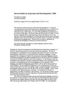 Recent Studies in Esperanto and Interlinguistics: 2006
