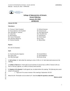 COLLEGE OF OPTOMETRISTS OF ONTARIO – COUNCIL MEETING  CONFIDENTIAL Minutes – January 20, 2016 – APPROVED