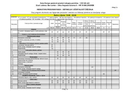 Kuća Europe poslovni prostori (ukupna površina: 1.531,98 m2) Grad i adresa: Ban centar – Ulica Augusta Cesarca 6 – HR[removed]ZAGREB Prilog 1.a INDIKATIVNI PROGRAM RADA – DEFINICIJA I UČESTALOST ČIŠĆENJA Ovaj 