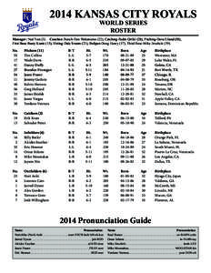 2014 KANSAS CITY ROYALS WORLD SERIES ROSTER Manager: Ned Yost (3). 	 Coaches: Bench-Don Wakamatsu (22), Catching-Pedro Grifol (28), Pitching-Dave Eiland (58), First Base-Rusty Kuntz (15), Hitting-Dale Sveum (21), Bullpen