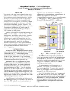 Design Patterns of the JTRS Infrastructure Donald R. Stephens, Cinly Magsombol, and Chalena Jimenez JPEO JTRS San Diego, CA Software design patterns have been developed by the JTRS community to define a scaleable and ext