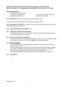 MINUTES OF RUFFORTH WITH KNAPTON PARISH COUNCIL MEETING HELD ON MONDAY 7 OCTOBER 2013 IN RUFFORTH VILLAGE HALL AT 7.30pm MEMBERS PRESENT: Councillor Mrs A Powell (AP) Councillor C Valentine (CV) Councillor K Clarke (KC)