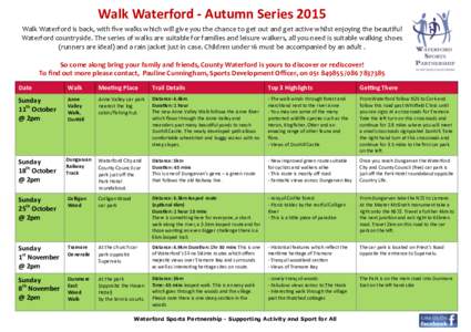 Walk Waterford - Autumn Series 2015 Walk Waterford is back, with five walks which will give you the chance to get out and get active whilst enjoying the beautiful Waterford countryside. The series of walks are suitable f