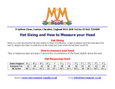 9 Saffron Close, Lowton, Cheshire, England WA3 2GW Tel/fax[removed]Hat Sizing and How to Measure your Head Hat Sizing Below is a chart showing the hat sizes relative to head circumference. A tape is passed round th