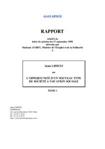 ALAIN LIPIETZ  RAPPORT relatif à la lettre de mission du 17 septembre 1998 adressée par