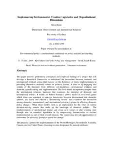 Implementing Environmental Treaties: Legislative and Organizational Dimensions Betsi Beem Department of Government and International Relations University of Sydney [removed]