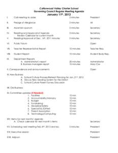Cottonwood Valley Charter School Governing Council Regular Meeting Agenda January 11th, 2012 I.