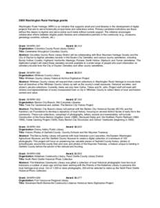 2009 Washington Rural Heritage grants Washington Rural Heritage (WRH) is an initiative that supports small and rural libraries in the development of digital projects that aim to serve historically unique items and collec