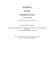 SIX BOOKS OF THE COMMONWEALTH by  JEAN BODIN