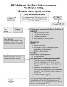 H1N1/Influenza Like Illness Patient Assessment Non-Hospital Setting Call and/or place a sign at reception Patient has influenza-like-illness (fever and/or cough with one or more of extreme fatigue, head/muscle/joint ache