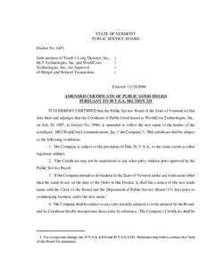 STATE OF VERMONT PUBLIC SERVICE BOARD Docket No[removed]Joint petition of Touch 1 Long Distance, Inc., BLT Technologies, Inc. and WorldCom, Technologies, Inc., for Approval