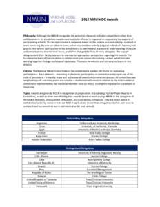 2012 NMUN-DC Awards  Philosophy: Although the NMUN recognizes the potential of awards to foster competition rather than collaboration in its simulation, awards continue to be offered in response to requests by the majori