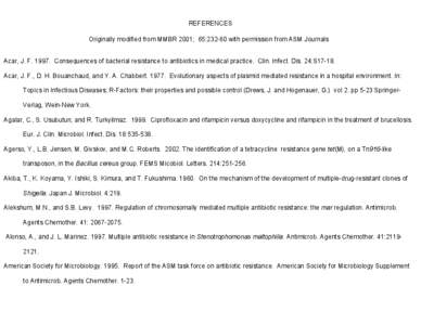 REFERENCES Originally modified from MMBR 2001; 65:[removed]with permission from ASM Journals Acar, J. F[removed]Consequences of bacterial resistance to antibiotics in medical practice. Clin. Infect. Dis. 24:S17-18. Acar, J.
