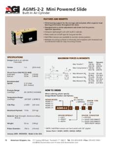 AGMS-2-2 Mini Powered Slide Built-In Air Cylinder FEATURES AND BENEFITS • T-Slot bearing support for the carriage and end plate offers superior load bearing performance throughout the stoke.