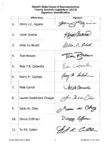 Hawai’i State House of Representatives Twenty-Seventh Legislature[removed]Signature Identification OfflciaI Name  1.
