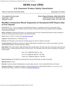 Wal-Mart Announces Recall Expansion of Durabrand DVD Players Due to Fire Hazard