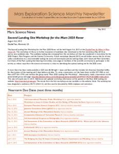 Mars Science News  May 2015 Second Landing Site Workshop for the Mars 2020 Rover August 4-6, 2015