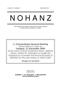 VOLUME 21 • NUMBER 3  NOVEMBER 2007 NOHANZ The National Oral History Association of New Zealand